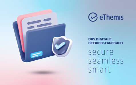 3D illustration eines Aktenordners mit einem Haken auf einer Plakette daneben. Daneben steht das Logo eThemis Das digitale Betriebstagebuch secure, seamless, smart